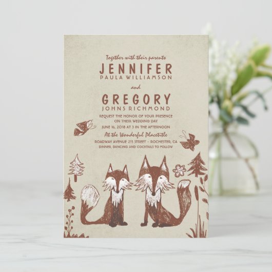 Trouwen met twee vossen in Woodland Kaart (Staand voorkant)
