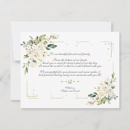 Trouwen met witte bloemen gouden glans lijst bedankkaart (Achterkant)