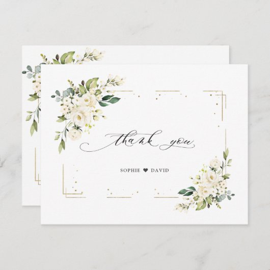 Trouwen met witte bloemen gouden glans lijst bedankkaart (Voorkant / Achterkant)