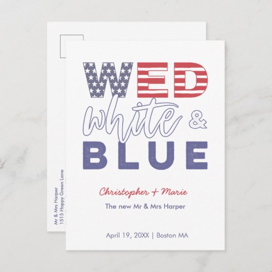 Trouwen op 4 juli met rood, wit en blauw aankondigingskaart (Voorkant / Achterkant)