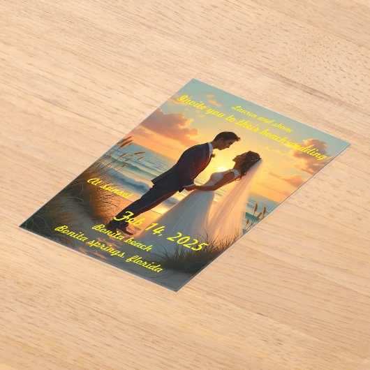 Trouwen op het strand bij zonsondergang acryl uitnodigingen (Laagn)