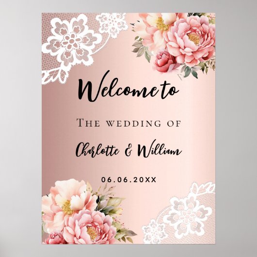 Trouwen roos gouden bloemen kant welkomstbord poster (Voorkant)