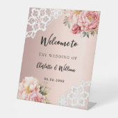 Trouwen roos gouden bloemen kant welkomstbord reclamebord met voetstuk (Voorkant)