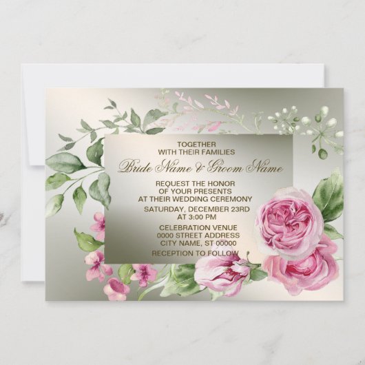 Trouwen Roze Bloemen Lijst Waterverf Glanzend Bron Kaart (Voorkant)
