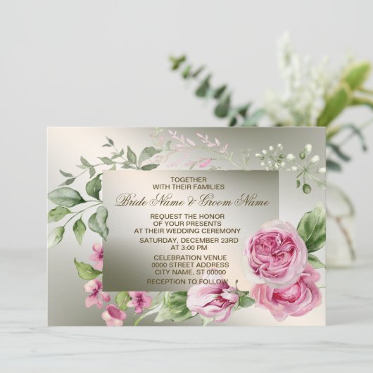 Trouwen Roze Bloemen Lijst Waterverf Glanzend Bron Kaart (Staand voorkant)