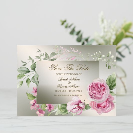 Trouwen Roze Bloemen Lijst Waterverf Glanzend Bron Save The Date (Staand voorkant)