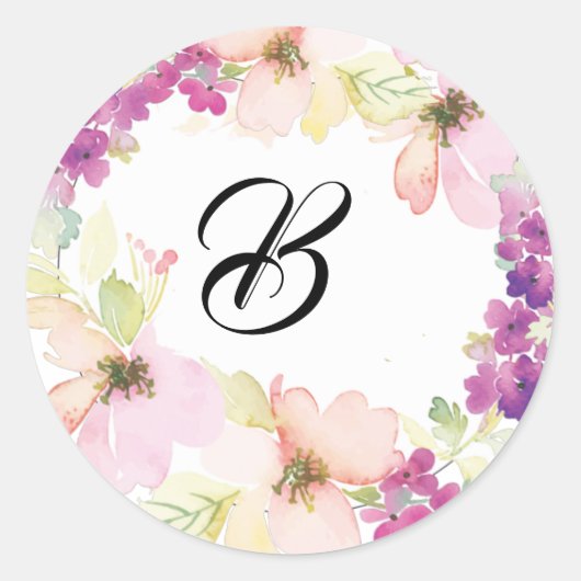 Trouwen roze en violette bloemen ronde sticker (Voorkant)