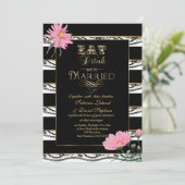 Trouwen Roze Mums Zwart Kant Witte Strepen Kaart (Staand voorkant)