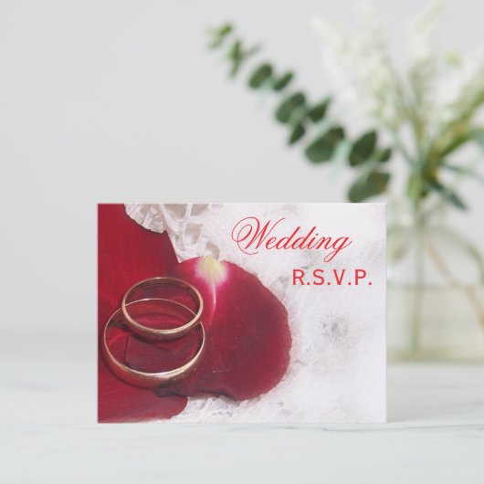 Trouwen RSVP Briefkaart gouden ringen Roos bloembl (Staand voorkant)