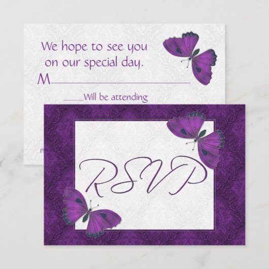 Trouwen RSVP Butterfly Brocade Paarse Kaartje (Voorkant / Achterkant)