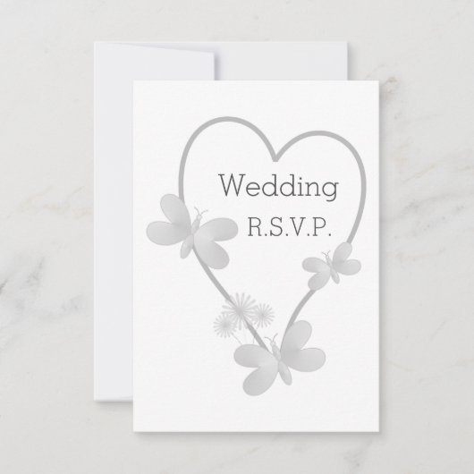 Trouwen RSVP Kaart Zilveren Hart Vlinders (Voorkant)