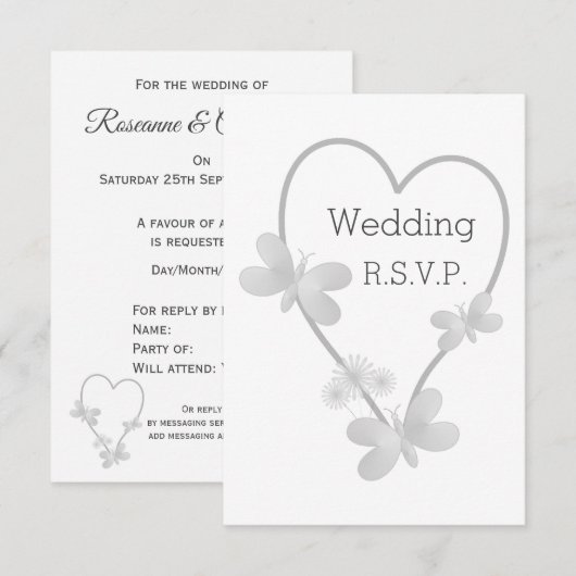Trouwen RSVP Kaart Zilveren Hart Vlinders (Voorkant / Achterkant)