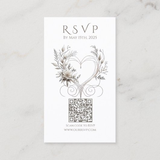 Trouwen RSVP QR code-Witte Bloemen met een Hart Visitekaartje (Voorkant)