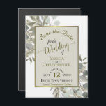 Trouwen Save the Date Golden Pine & Greenery Taupe Magnetische Uitnodiging<br><div class="desc">Deze prachtige magnetische kaarten zijn een handige manier om je vrienden en familie te laten weten dat ze de datum voor je aanstaande bruiloft moeten bewaren. Ze zijn voorzien van een prachtig boho chique ontwerp met lacy script kalligrafie in een gouden faux folie lijst omgeven door met de hand beschilderde...</div>