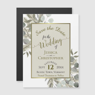 Trouwen Save the Date Golden Pine & Greenery Taupe Magnetische Uitnodiging