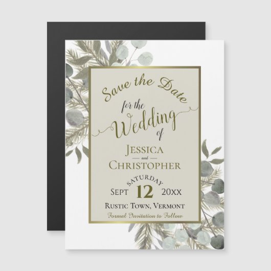 Trouwen Save the Date Golden Pine & Greenery Taupe Magnetische Uitnodiging (Voorkant / Achterkant)