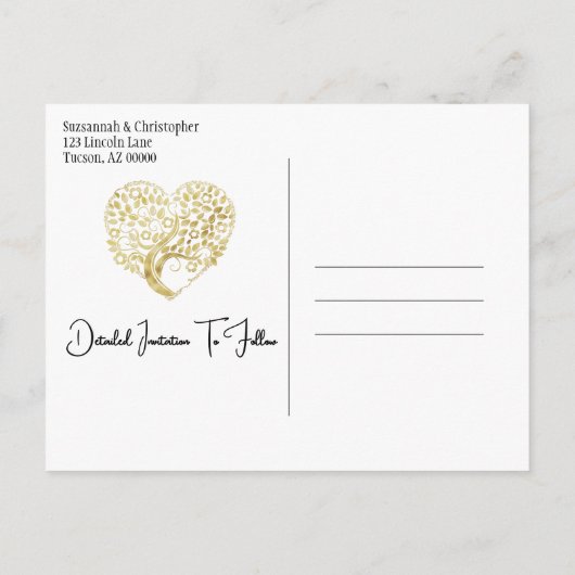 Trouwen Save The Date Gouden Hart Boom op Wit Aankondigingskaart (Achterkant)