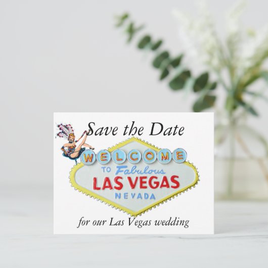 Trouwen Save the Date Las Vegas Teken en Showgirl Aankondigingskaart (Staand voorkant)