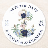 Trouwen SAVE THE DATE Nautisch Anker Bloemen Ronde Kartonnen Onderzetter (Voorkant)