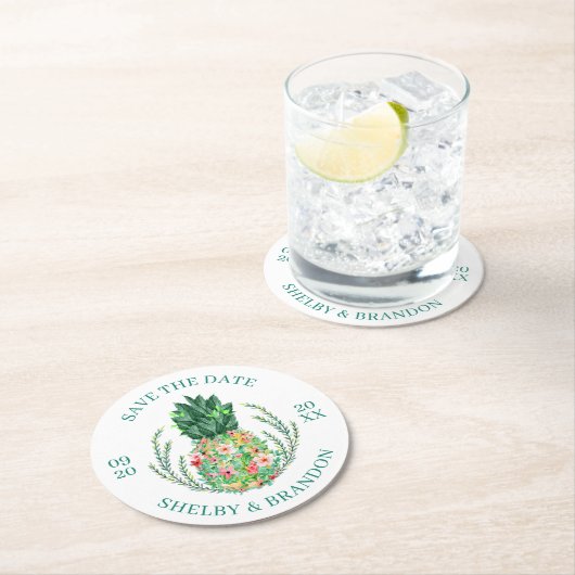 Trouwen SAVE THE DATE Tropische Bloemen Ananas Ronde Kartonnen Onderzetter (Insitu)