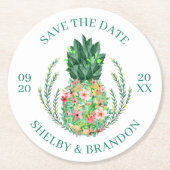Trouwen SAVE THE DATE Tropische Bloemen Ananas Ronde Kartonnen Onderzetter (Voorkant)