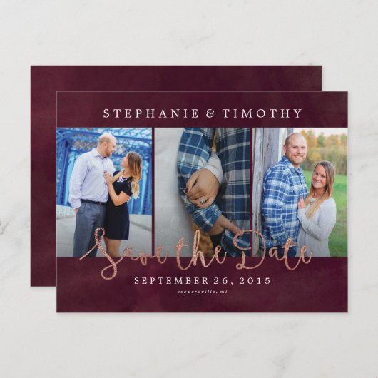 Trouwen Save the Date - Wijnrood & Roos Goud Aankondigingskaart (Voorkant / Achterkant)