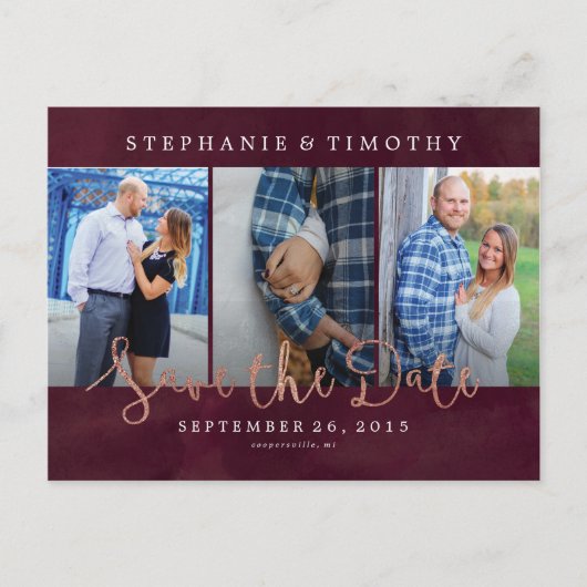 Trouwen Save the Date - Wijnrood & Roos Goud Aankondigingskaart (Voorkant)