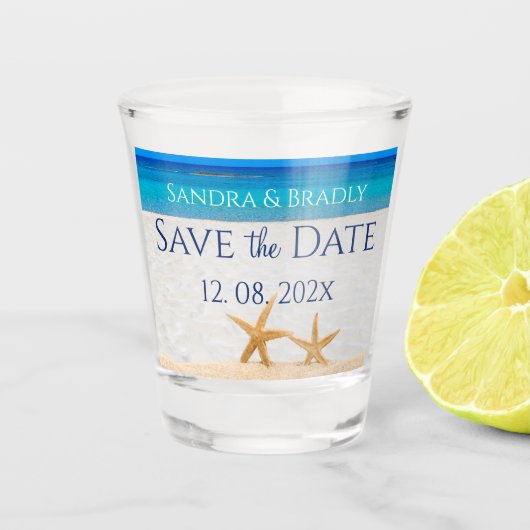 Trouwen Save the Date, Zeesterren op het strand va Shot Glas (Voorkant)