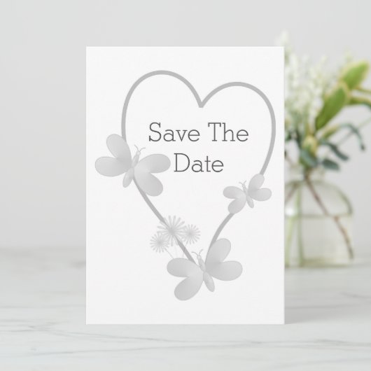 Trouwen Save The Date Zilveren Hart Vlinders Aankondiging (Staand voorkant)