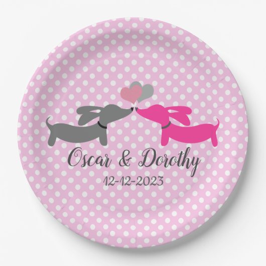 Trouwen teckel personaliseren roze kussen Doxies Papieren Bordje (Voorkant)