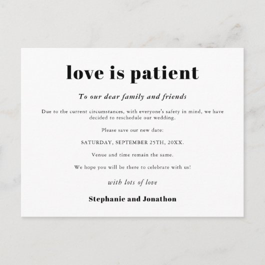 Trouwen Uitgesteld Liefde Is Geduldig Nieuwe Datum Aankondigingskaart (Voorkant)