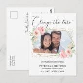 Trouwen Verander de datum Blush Bloemen Foto Briefkaart (Voorkant / Achterkant)
