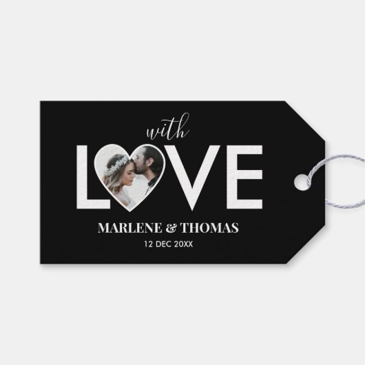 Trouwen Verloving Custom Foto Black Heart Lijst Cadeaulabel (Voorkant (Horizontaal))