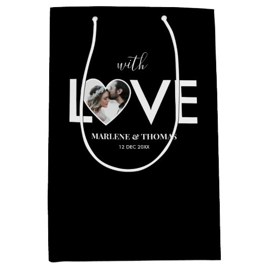 Trouwen Verloving Custom Foto Black Heart Lijst Medium Cadeauzakje (Voorkant)