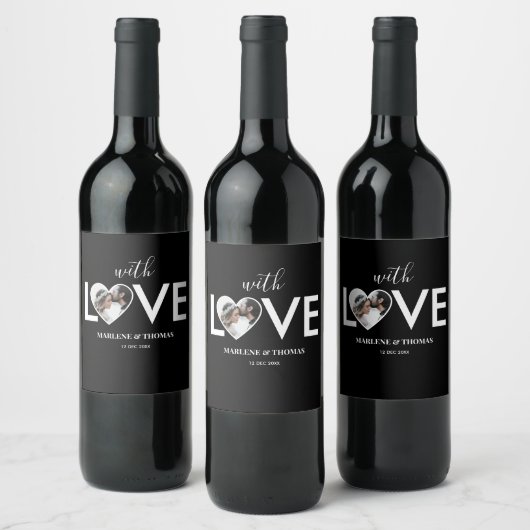 Trouwen Verloving Custom Foto Black Heart Lijst Wijn Etiket (Flessen)