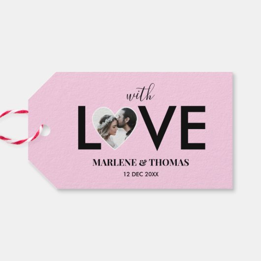 Trouwen Verloving Custom Foto Roze Hart Lijst Cadeaulabel (Achterkant Horizontaal)