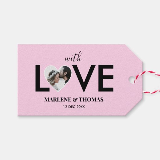 Trouwen Verloving Custom Foto Roze Hart Lijst Cadeaulabel (Voorkant (Horizontaal))