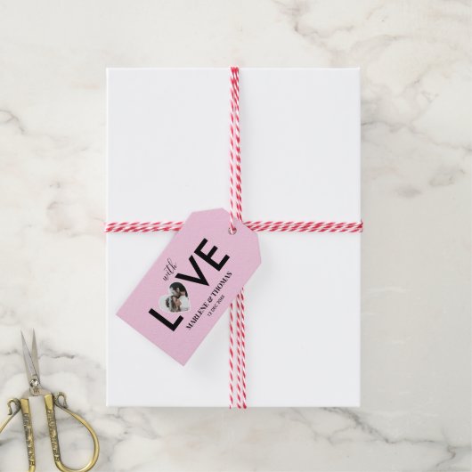 Trouwen Verloving Custom Foto Roze Hart Lijst Cadeaulabel (Met Touw)
