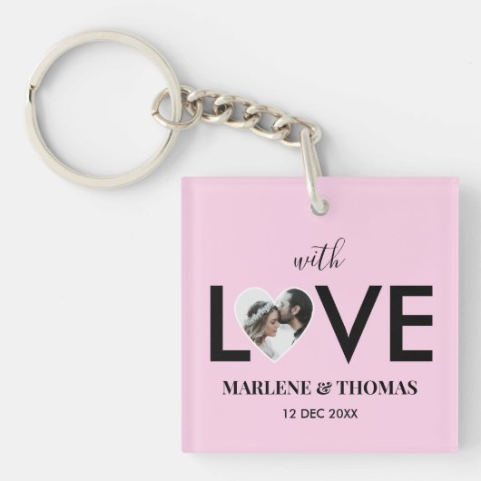 Trouwen Verloving Custom Foto Roze Hart Lijst Sleutelhanger (Voorkant)