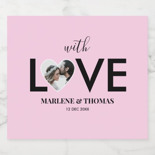 Trouwen Verloving Custom Foto Roze Hart Lijst Sparkling Wijnetiket (Enkel label)