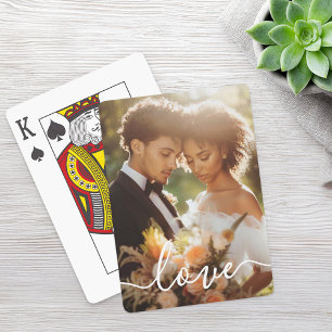 Trouwen verloving paar foto liefde witte tekst pokerkaarten