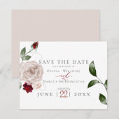 TROUWEN | Waterverf Stof Roze en Merlot Bloemen Save The Date (Voorkant / Achterkant)