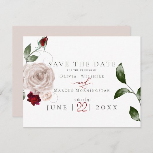 TROUWEN | Waterverf Stof Roze en Merlot Bloemen Save The Date (Voorkant / Achterkant)