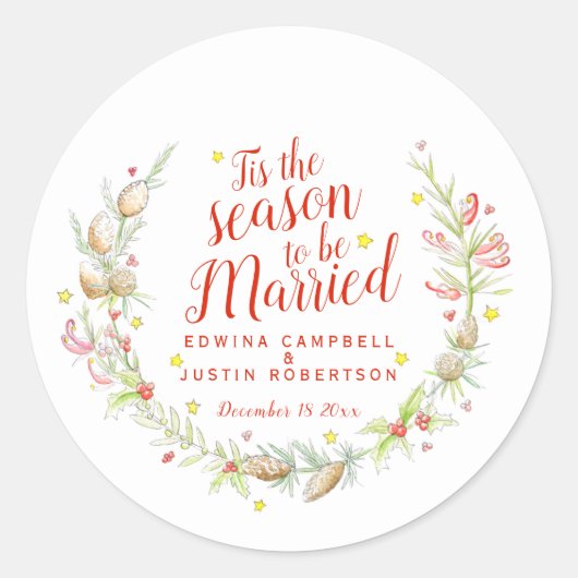 Trouwen waterverf winterkegels en bessen ronde sticker (Voorkant)