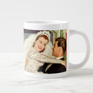 Trouwende bruid en bruidegom in vintage stijl, gel grote koffiekop