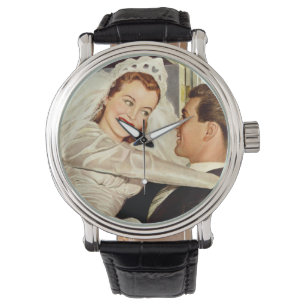 Trouwende bruid en bruidegom in vintage stijl, gel horloge