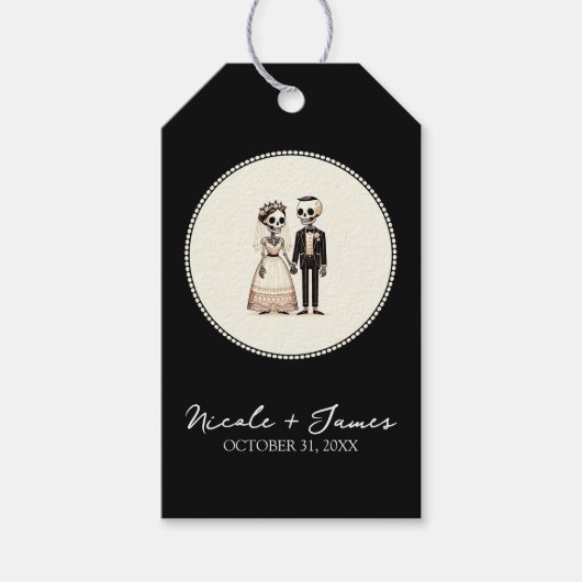 Trouwende cartoon skelet bruid en bruidegom grilli cadeaulabel (Voorkant)