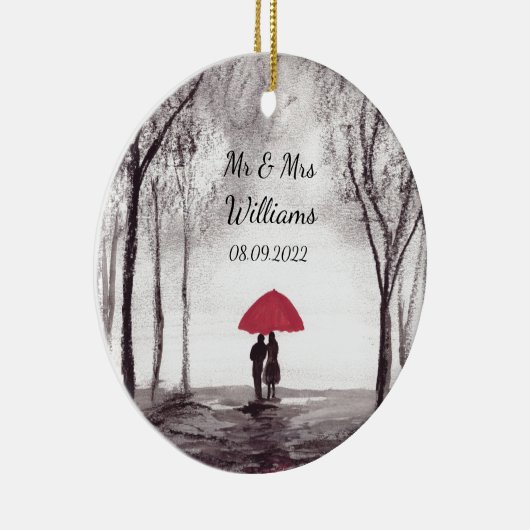 Trouwende heer en mevrouw Red paraplu koppel Keramisch Ornament (Rechts)