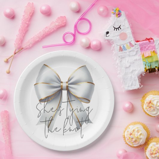 Trouwende Knoop Gouden Witte Boog Bruidsdouche Papieren Bordje (Feest)