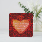 Trouwende Knoop in Verstevigde Rode Hart Rozenblaa Save The Date (Staand voorkant)